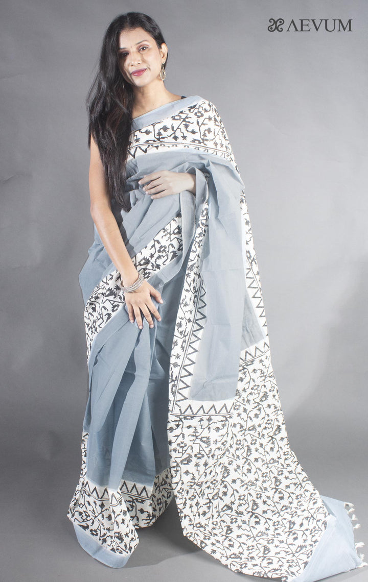 Tant Block Printed Cotton Saree without Blouse Piece - 8715 - AEVUM