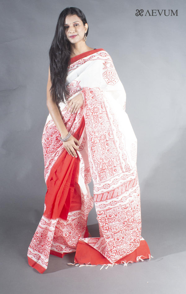Tant Block Printed Cotton Saree without Blouse Piece - 8719 Saree Joydeep Ganguly   