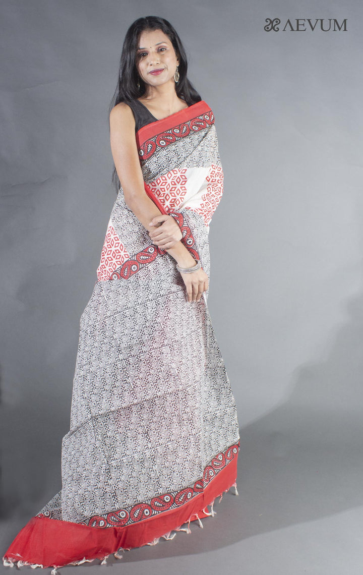 Tant Block Printed Cotton Saree without Blouse Piece - 8721 - AEVUM