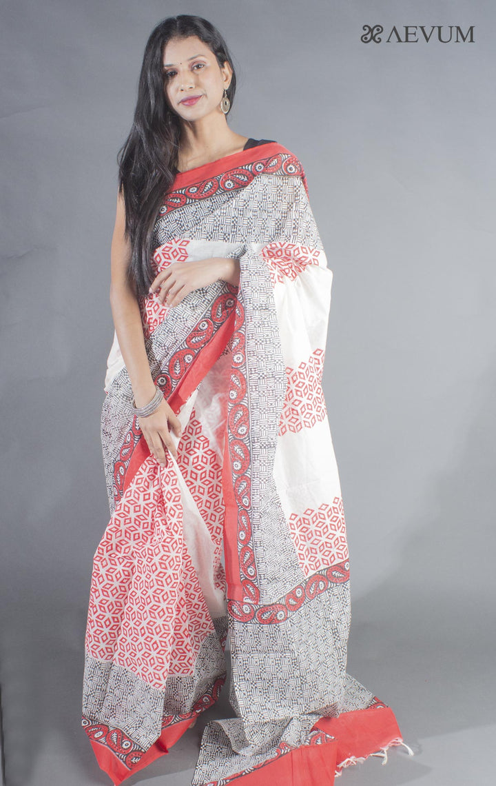 Tant Block Printed Cotton Saree without Blouse Piece - 8721 - AEVUM