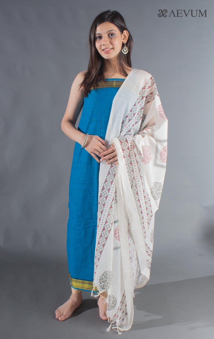 Unstitched Mangalgiri South Cotton Dress Material with Block Printed Dupatta - 8732 - AEVUM