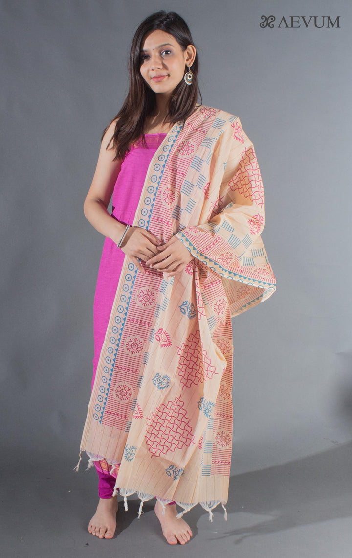 Unstitched Mangalgiri South Cotton Dress Material with Block Printed Dupatta - 8738 - AEVUM