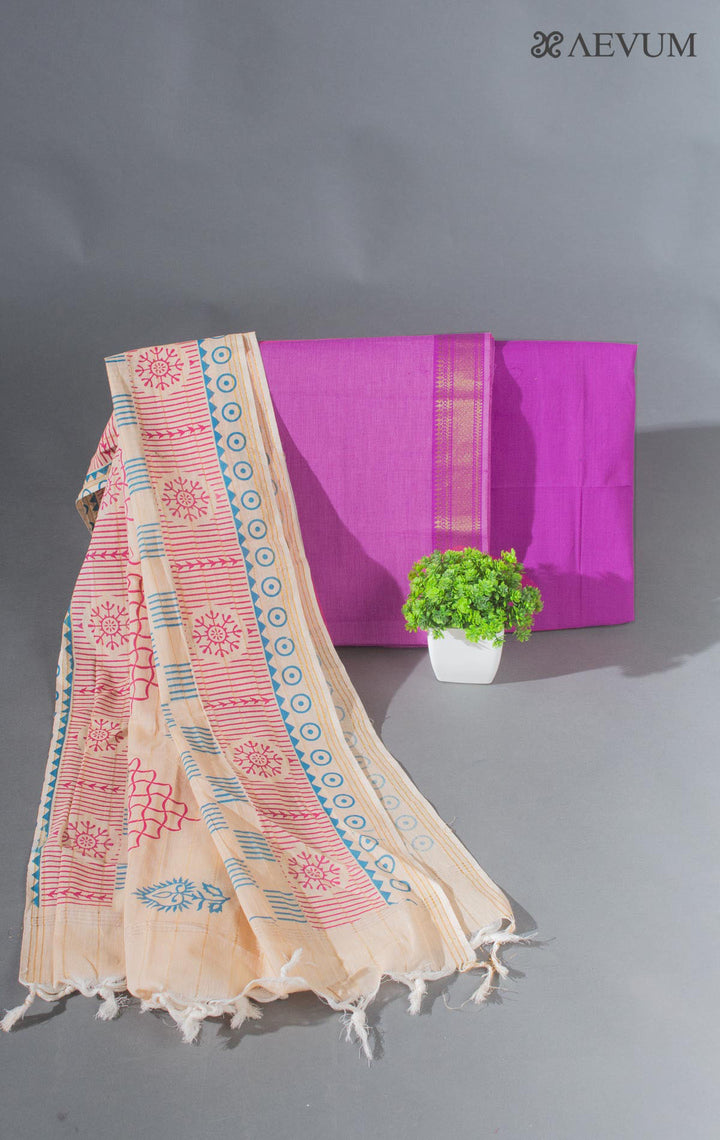 Unstitched Mangalgiri South Cotton Dress Material with Block Printed Dupatta - 8738 - AEVUM