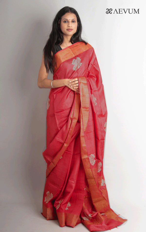 Zari Tussar Silk Saree Hand Block Printed with Silk Mark - 0873 Saree Pinky Sen   