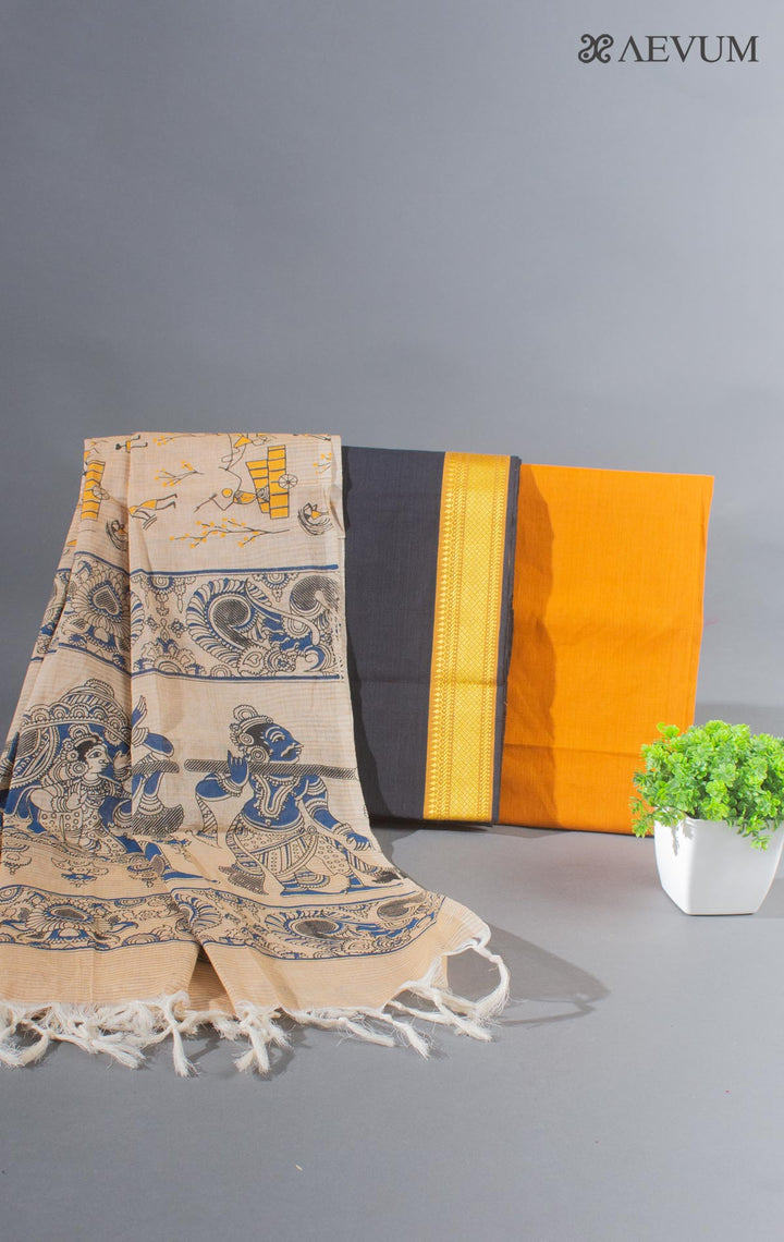 Unstitched Mangalgiri South Cotton Dress Material with Block Printed Dupatta - 8742 - AEVUM