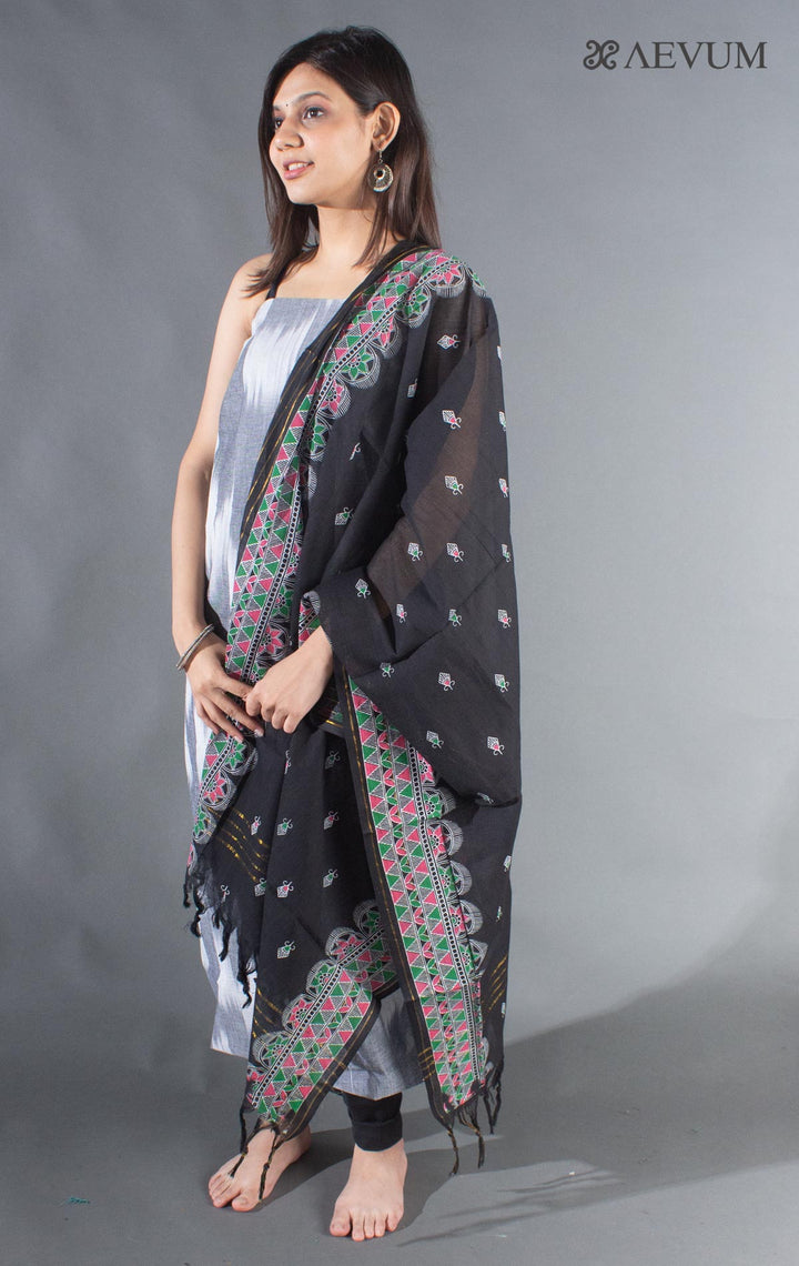 Unstitched Handloom Cotton Ikkat Dress Material with Block Print Dupatta - 8749 - AEVUM