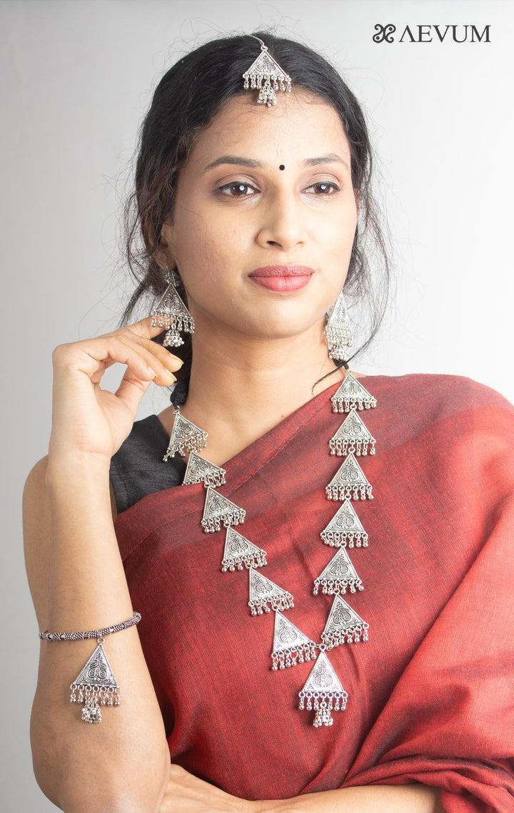 Oxidised Long Necklace Set with Maangtikka Kada/Bracelet - 0903 Jewellery Ozanoo   