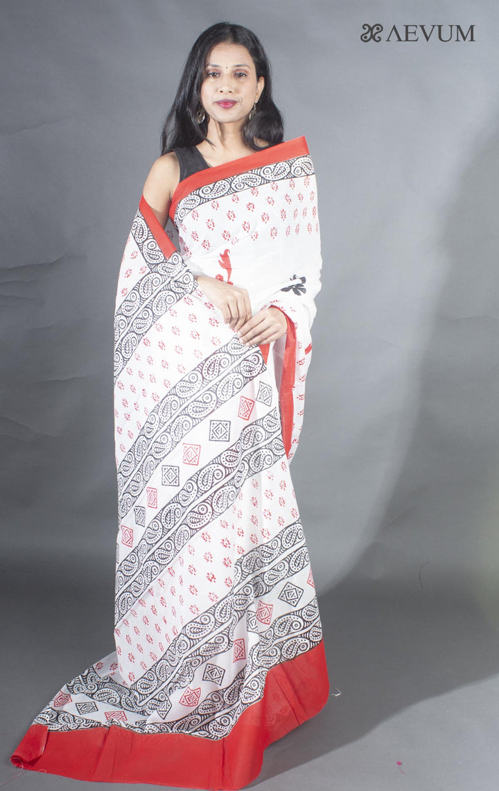 Soft Cotton Block Printed Saree with Blouse Piece - 9138 - AEVUM