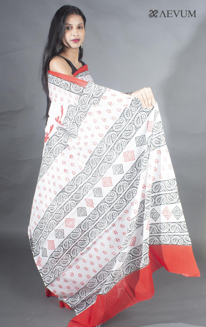 Soft Cotton Block Printed Saree with Blouse Piece - 9138 - AEVUM
