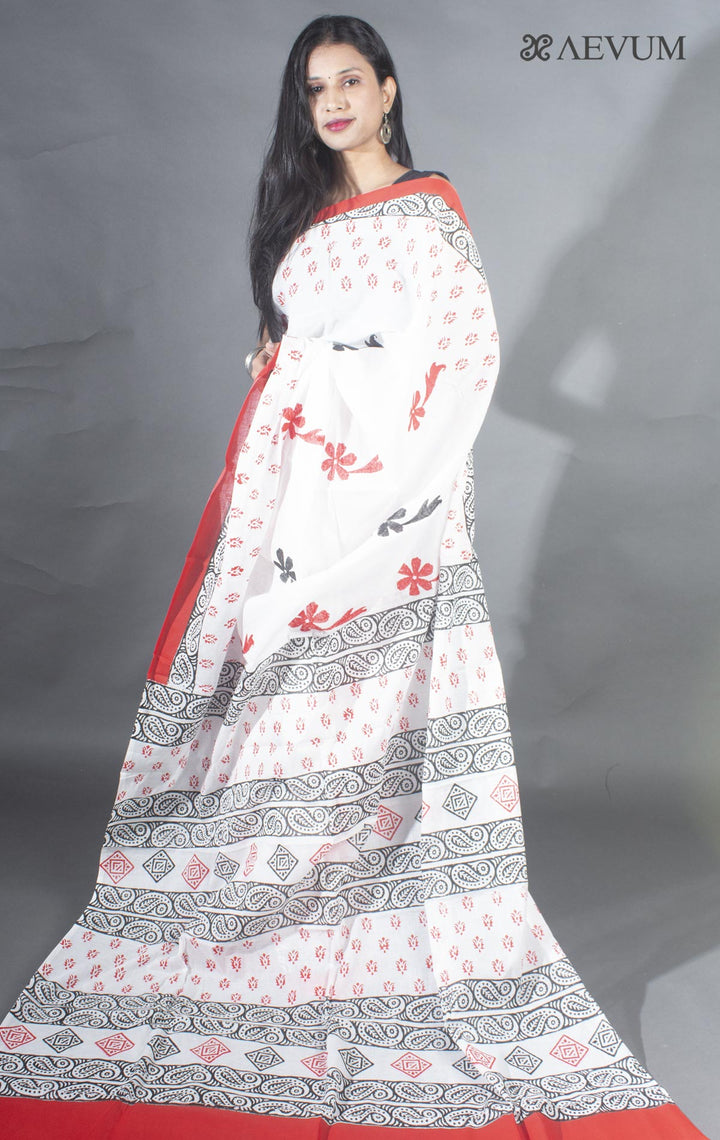 Soft Cotton Block Printed Saree with Blouse Piece - 9138 - AEVUM