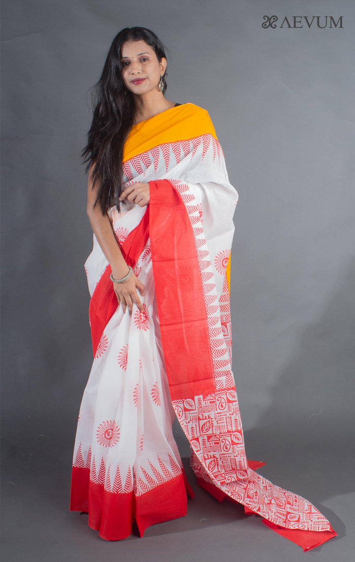 Soft Cotton Block Printed Saree with Blouse Piece - 9140 - AEVUM
