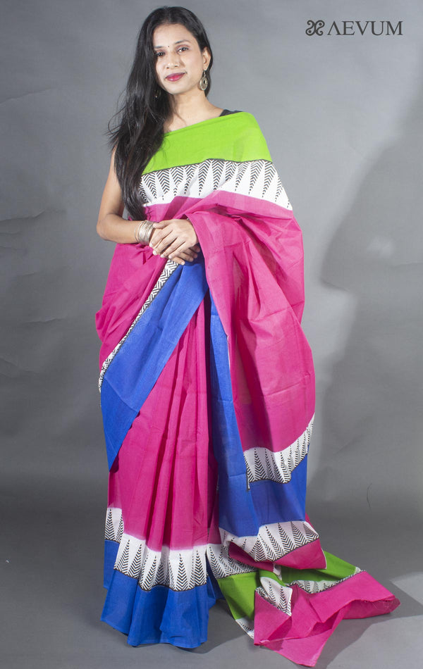 Soft Cotton Mulmul Block Printed Saree with Blouse Piece - 9148 Saree Joydeep Ganguly   