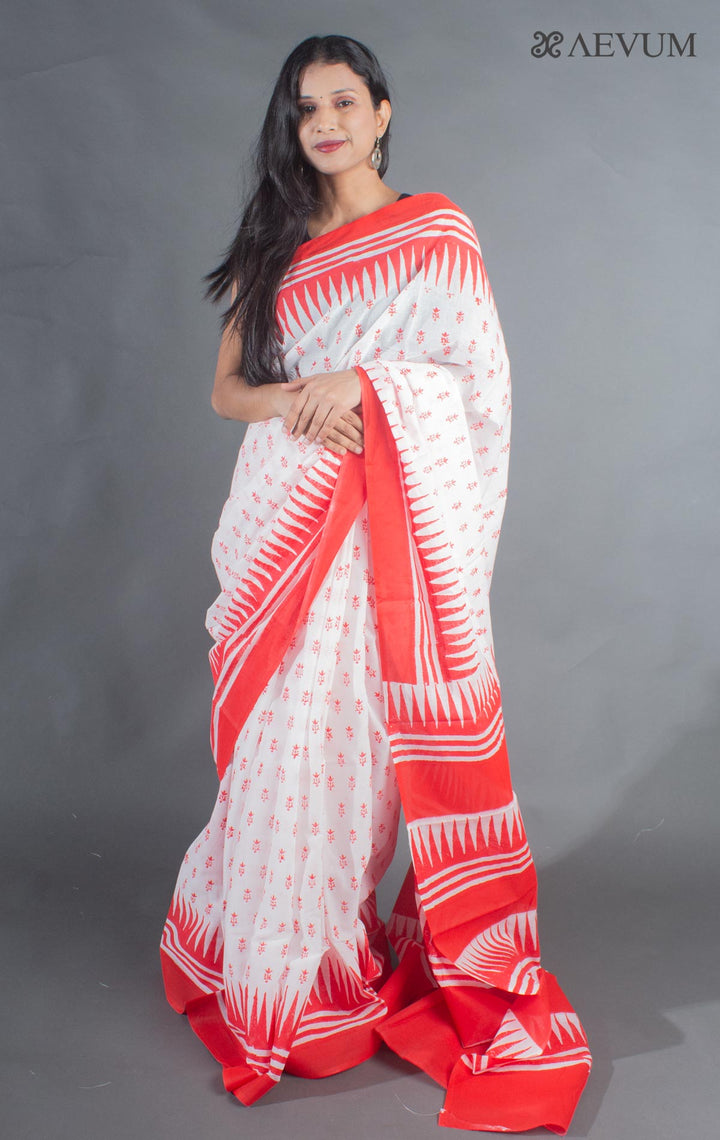 Soft Cotton Mulmul Block Printed Saree with Blouse Piece - 9152 Saree Joydeep Ganguly   