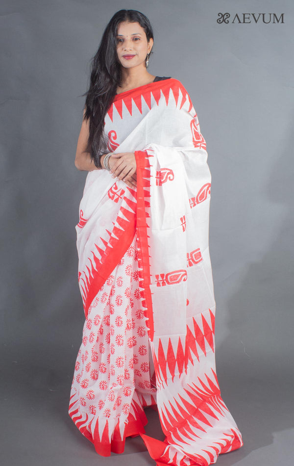 Soft Cotton Mulmul Block Printed Saree with Blouse Piece - 9154 Saree Joydeep Ganguly   