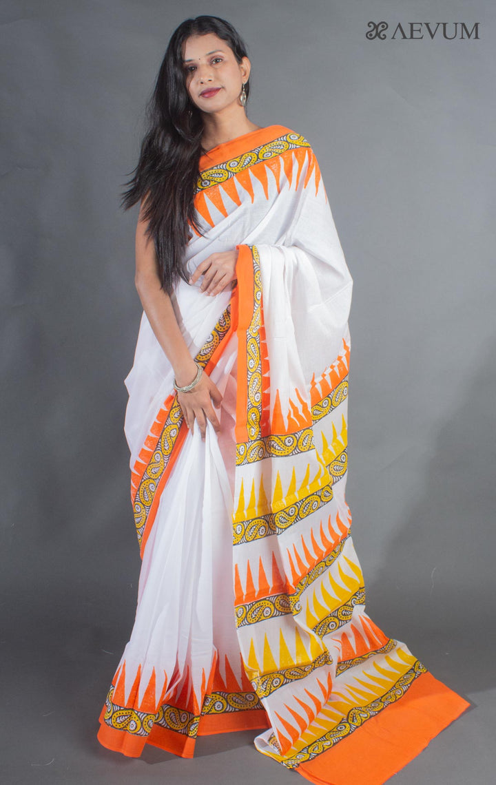 Soft Cotton Mulmul Block Printed Saree with Blouse Piece - 9156 Saree Joydeep Ganguly   