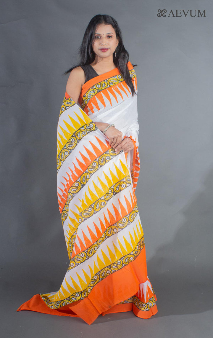 Soft Cotton Mulmul Block Printed Saree with Blouse Piece - 9156 Saree Joydeep Ganguly   