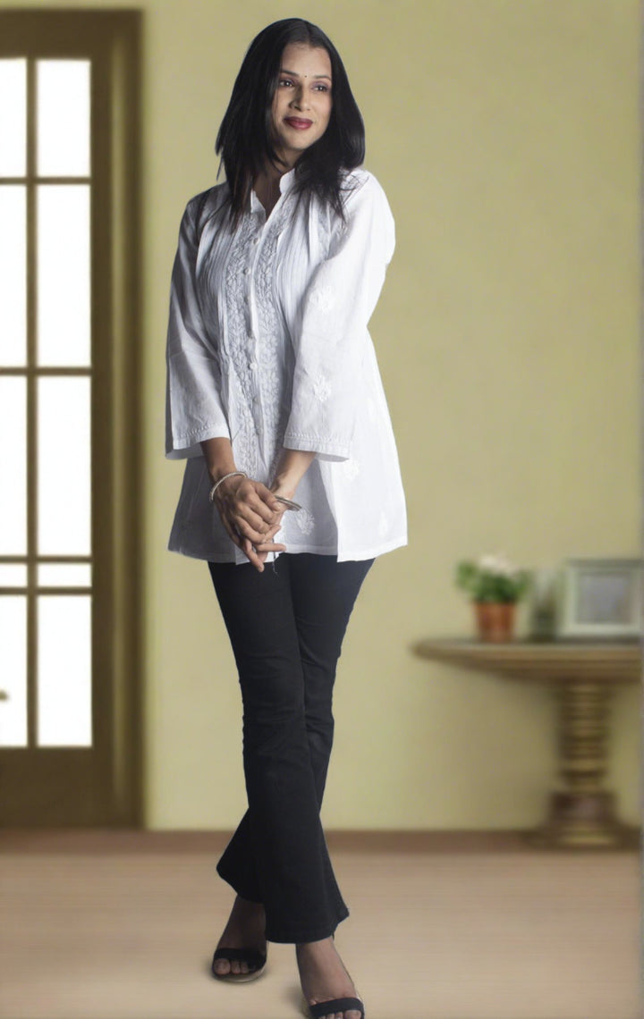 Hand Embroidered Lucknowi Chikankari Short Kurti - 9332 - AEVUM