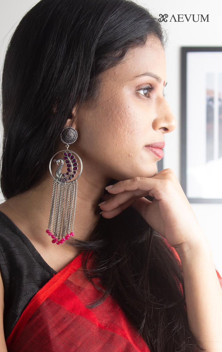 Light weight Ear Rings Long with Pink Beads - 0958 Jewellery AEVUM