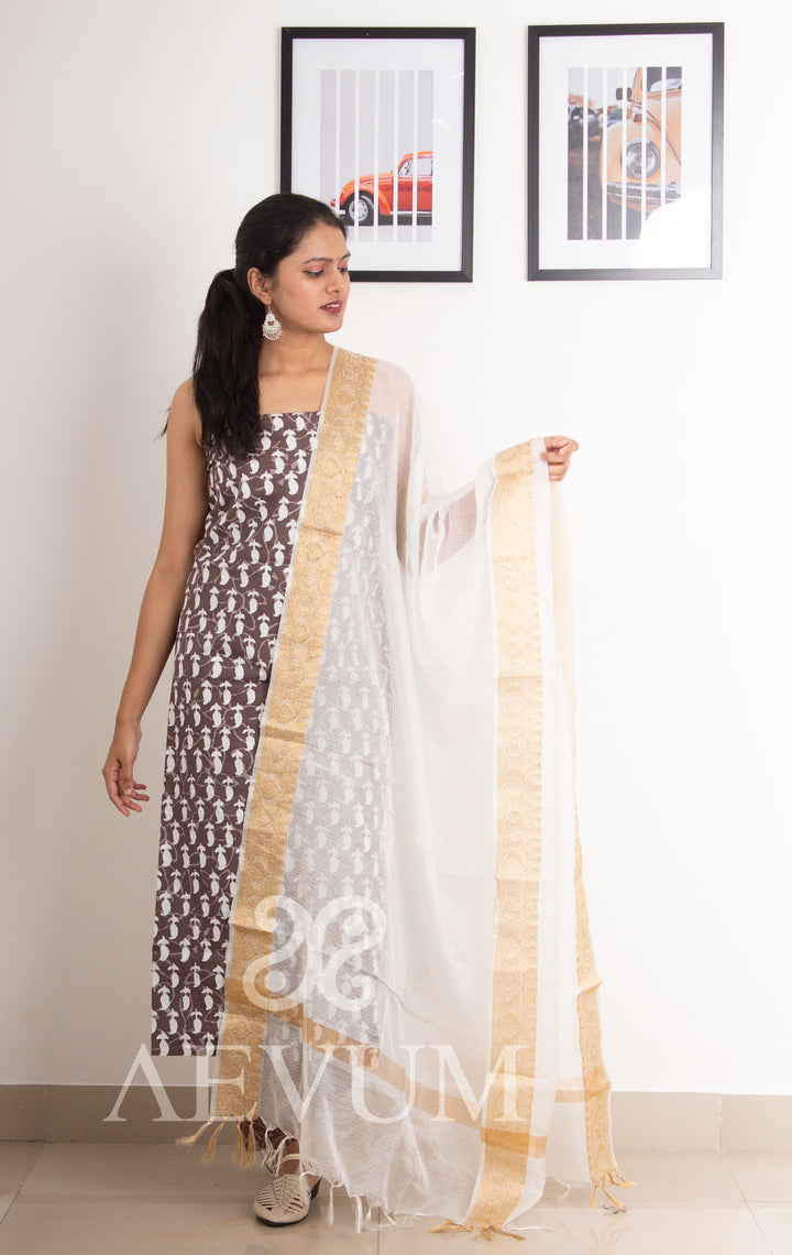 Unstitched Cotton Dress Material with Kota Dupatta - 0255 - AEVUM