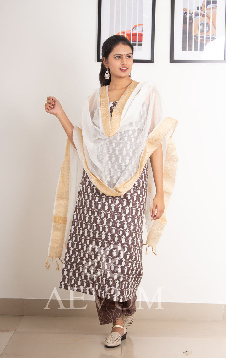 Unstitched Cotton Dress Material with Kota Dupatta - 0255 - AEVUM