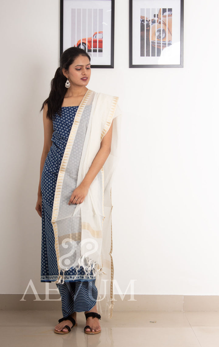 Unstitched Indigo Cotton Dress Material with Kota Dupatta - 0256 - AEVUM