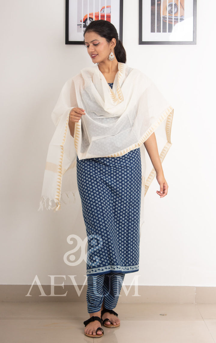 Unstitched Indigo Cotton Dress Material with Kota Dupatta - 0256 - AEVUM