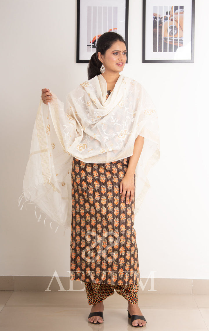 Unstitched Cotton Dress Material Kantha with  Chanderi Dupatta - 0257 - AEVUM