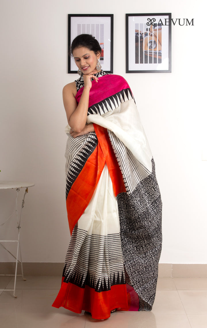 Bishnupur Pure Silk Hand Block Printed Saree - 0251 - AEVUM
