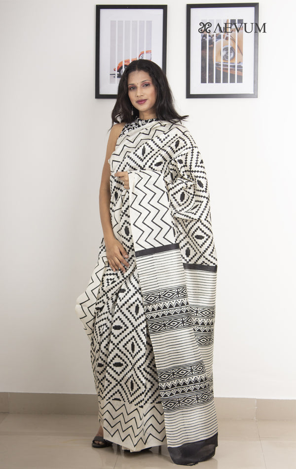 Hand Block Printed Bishnupur Pure Silk Saree - 0271 - AEVUM