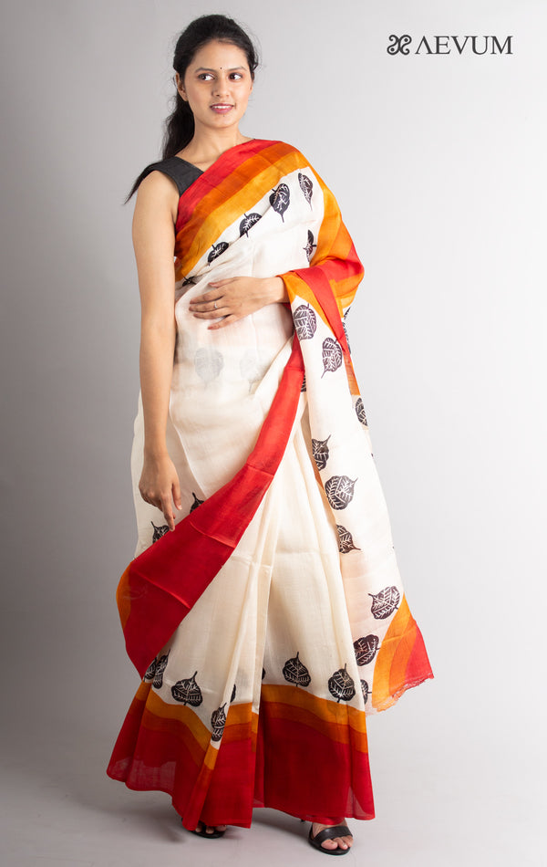Bishnupur Hand Block Printed Pure Silk Saree with Silk Mark & Blouse Piece - 0306 - AEVUM
