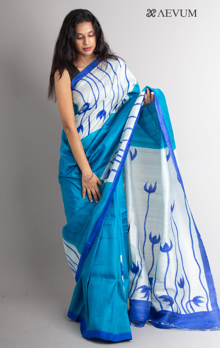 Three Ply Murshidabad Hand Painted Pure Silk with Silk Mark and Blouse Piece - 0350 - AEVUM