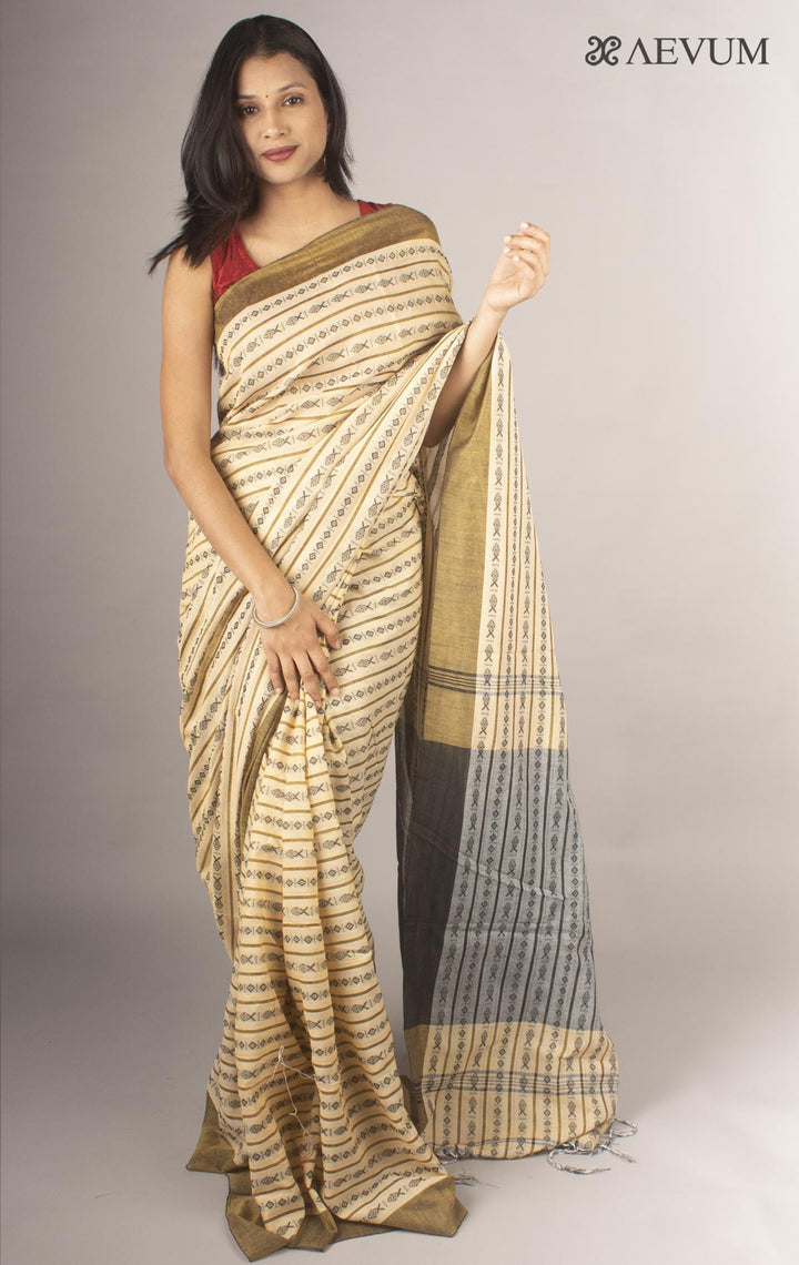 Begampuri Bengal Cotton Handloom Fish Motif Saree - 9661 - AEVUM