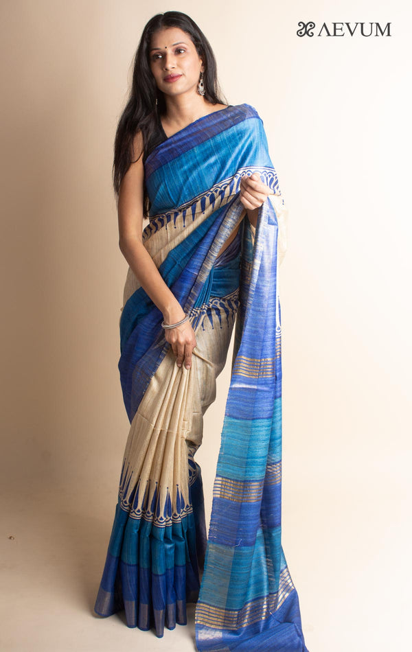 Zari Tussar Silk Saree Hand Block Printed with Silk Mark - 3077 - AEVUM