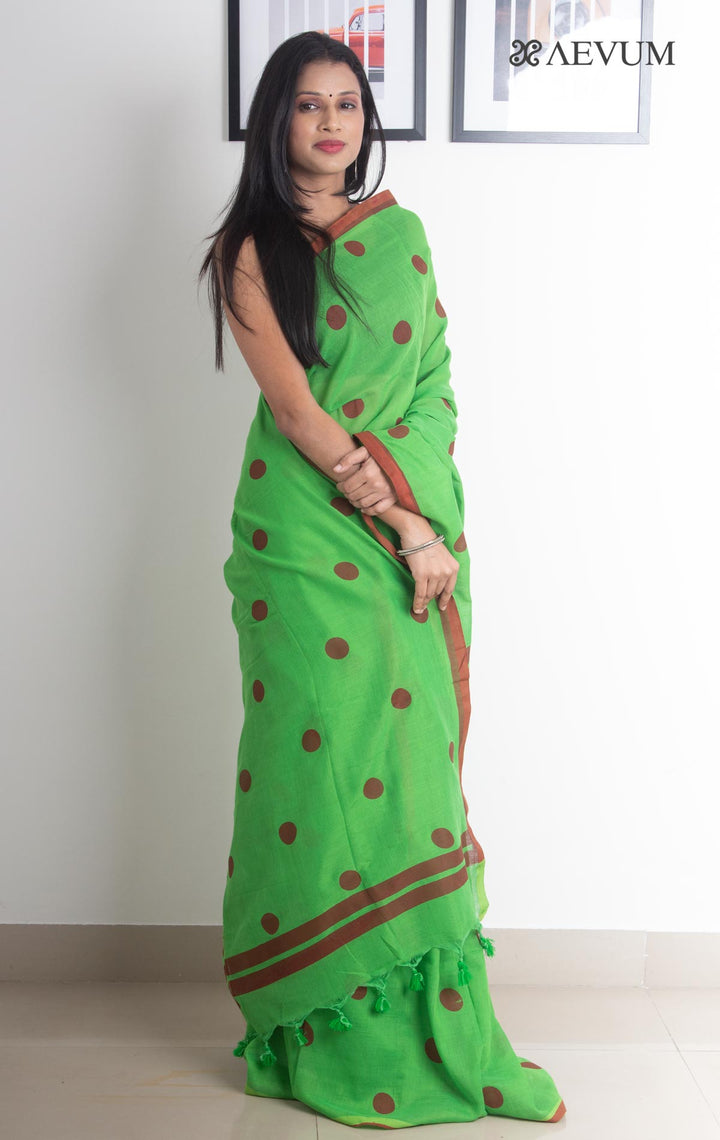 Polka Dot Mulmul Cotton Saree - 2397 - AEVUM