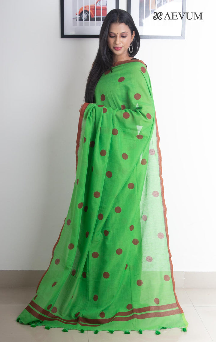 Polka Dot Mulmul Cotton Saree - 2397 - AEVUM