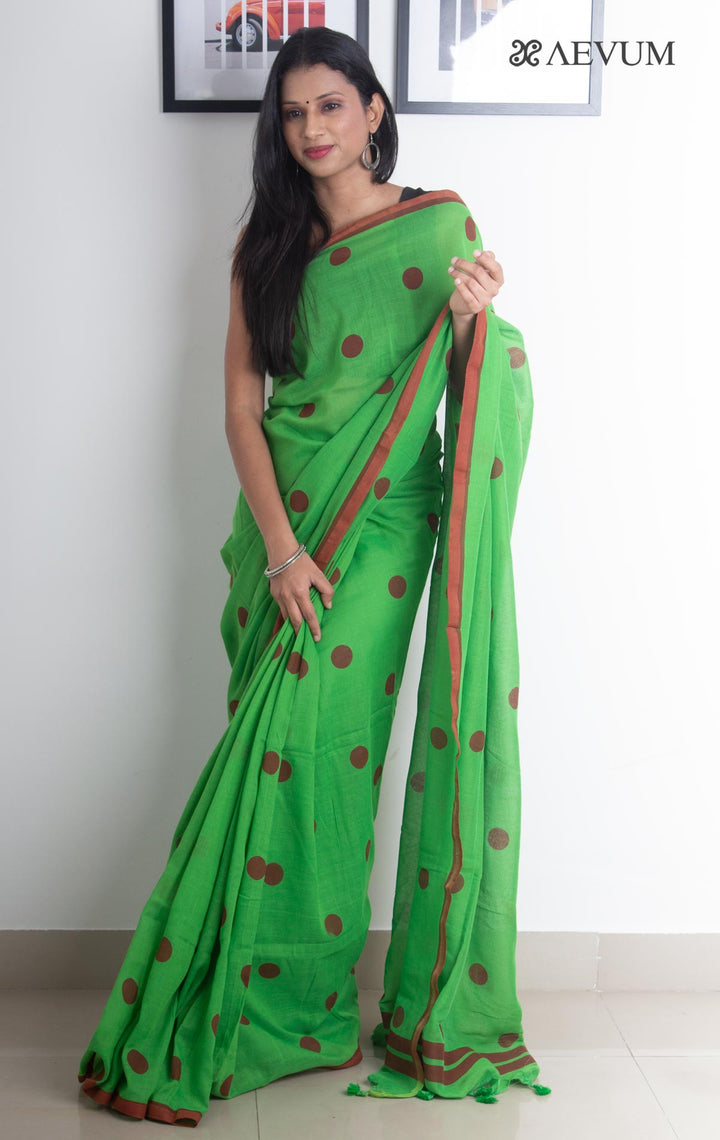 Polka Dot Mulmul Cotton Saree - 2397 - AEVUM