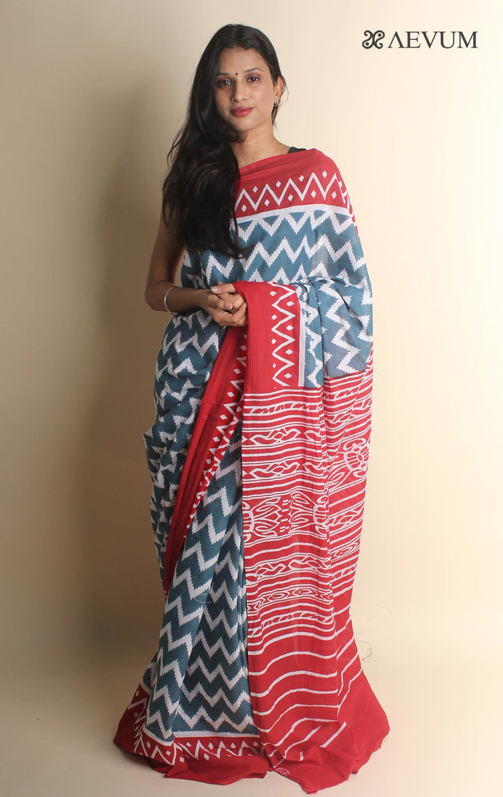 Mulmul Cotton Hand Block Printed Saree - 1738 - AEVUM