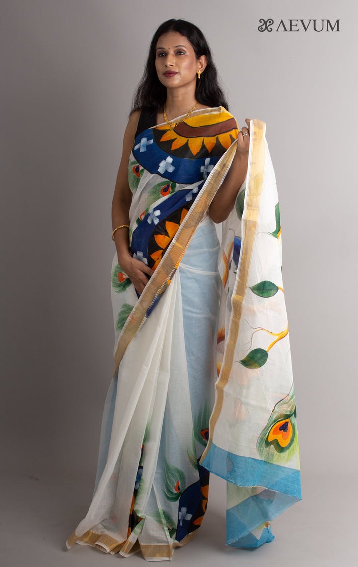 Kerala Cotton Hand Painted Saree with Blouse Piece - 0391 Saree Riya's Collection   
