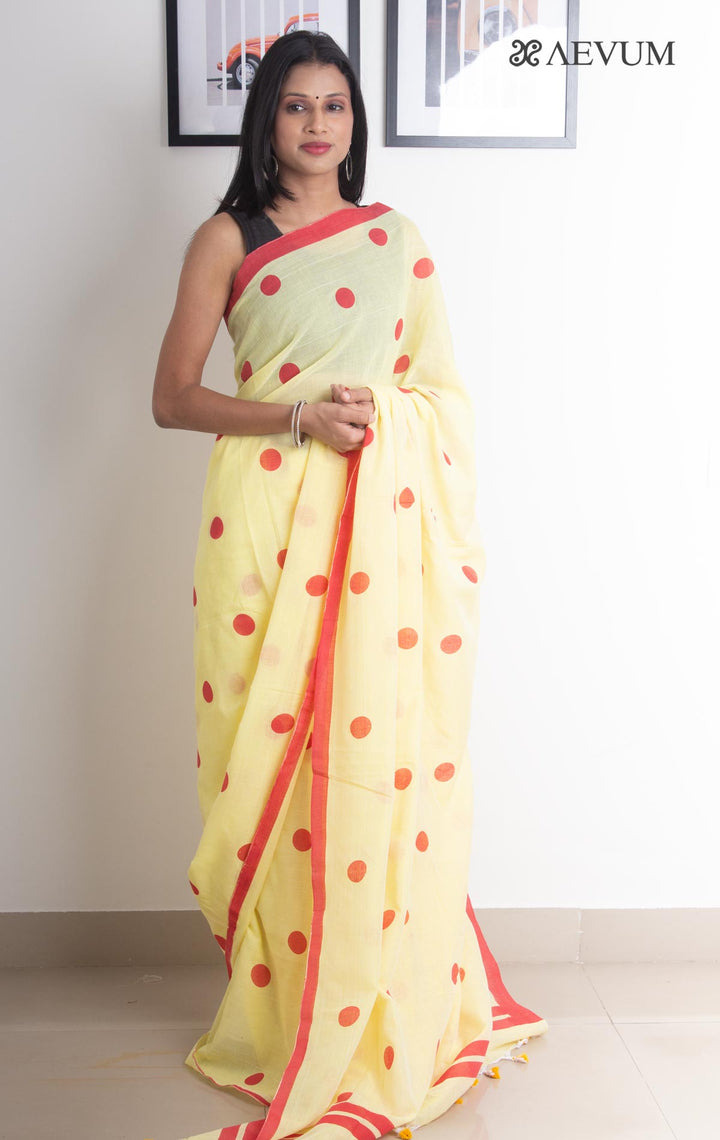 Polka Dot Mulmul Cotton Saree - 2403 - AEVUM
