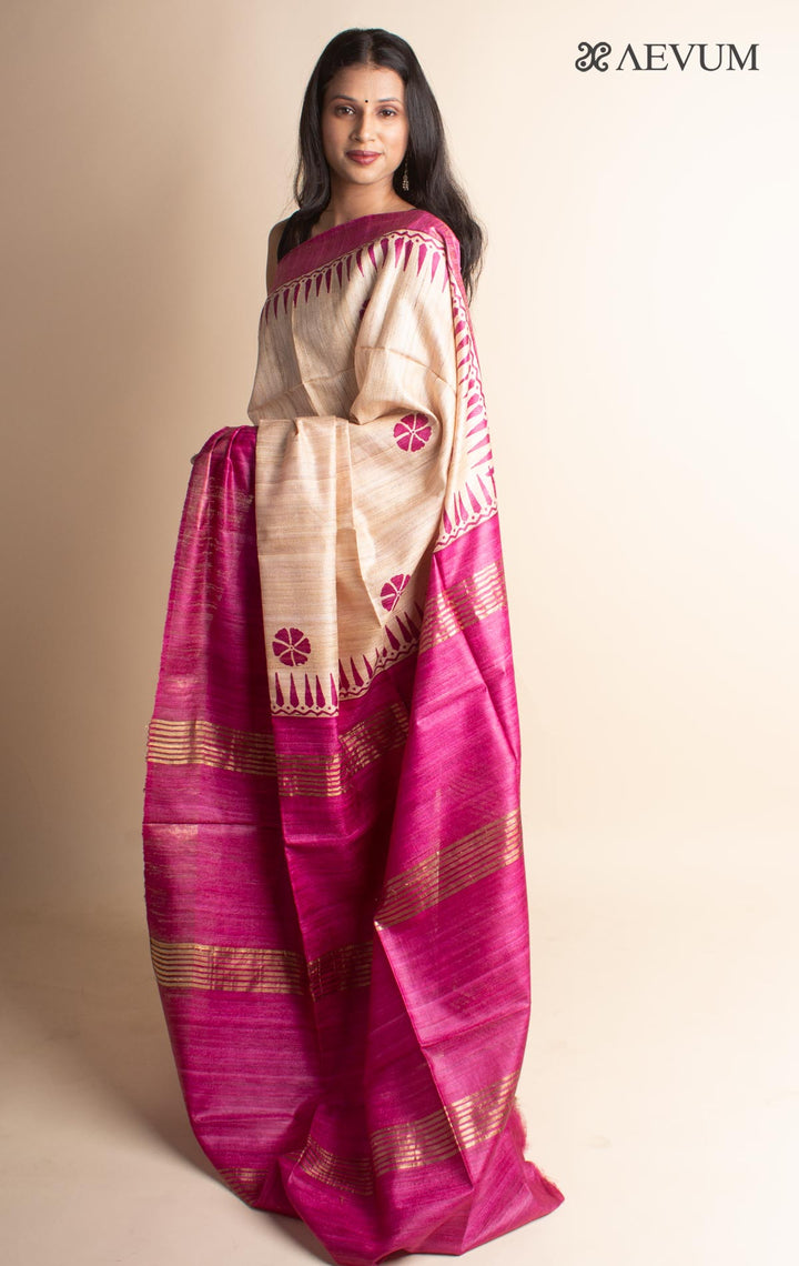 Zari Tussar Silk Saree Hand Block Printed with Silk Mark - 3075 Saree Riya's Collection   