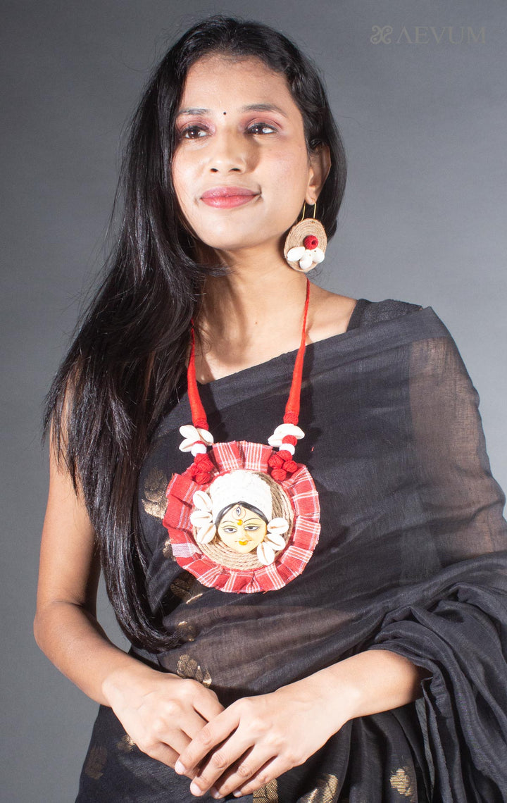Round Durga Face Terracotta Handmade Necklace Set - 7984 Jewellery Kasturi Sengupta   