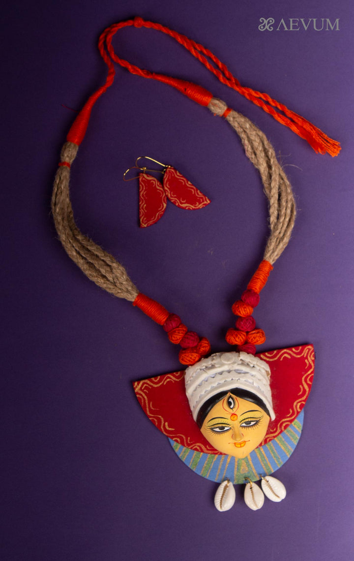 Beautiful Durga Face Terracotta Handmade Necklace Set - 8019 - AEVUM