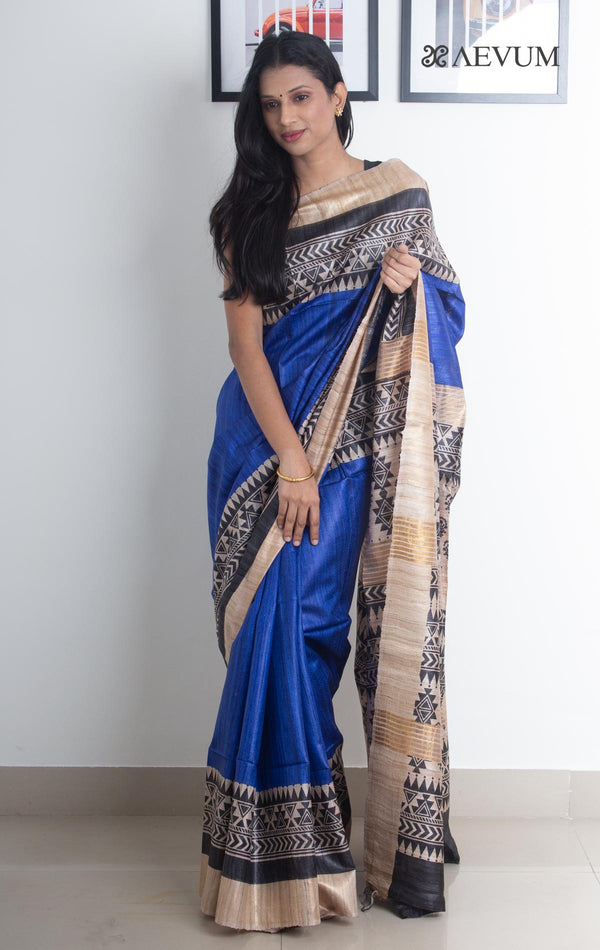Zari Tussar Silk Saree Hand Block Printed with Silk Mark - 2157 - AEVUM