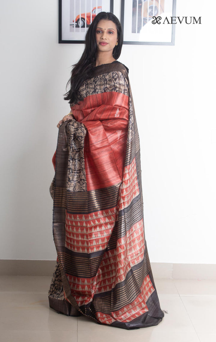 Zari Tussar Silk Saree Hand Block Printed with Silk Mark - 2158 - AEVUM