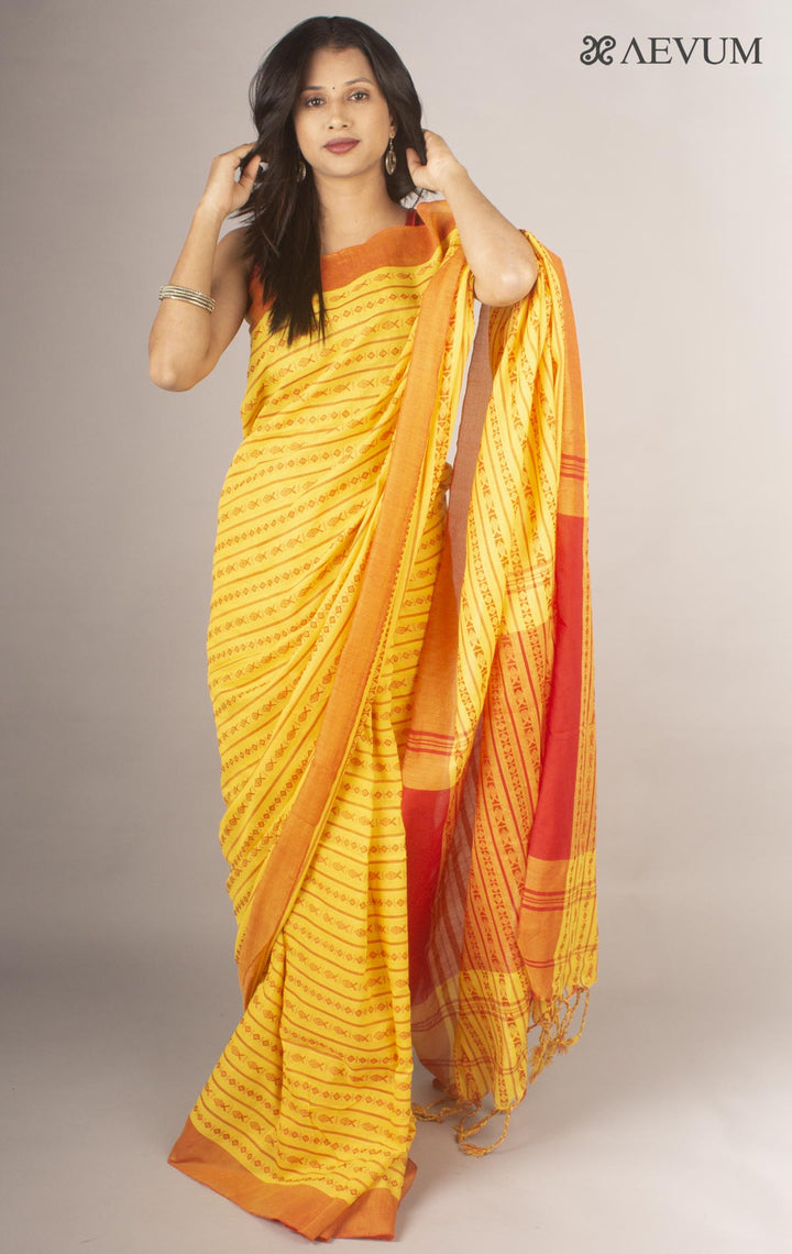 Begampuri Bengal Cotton Handloom Fish Motif Saree-9659 - AEVUM