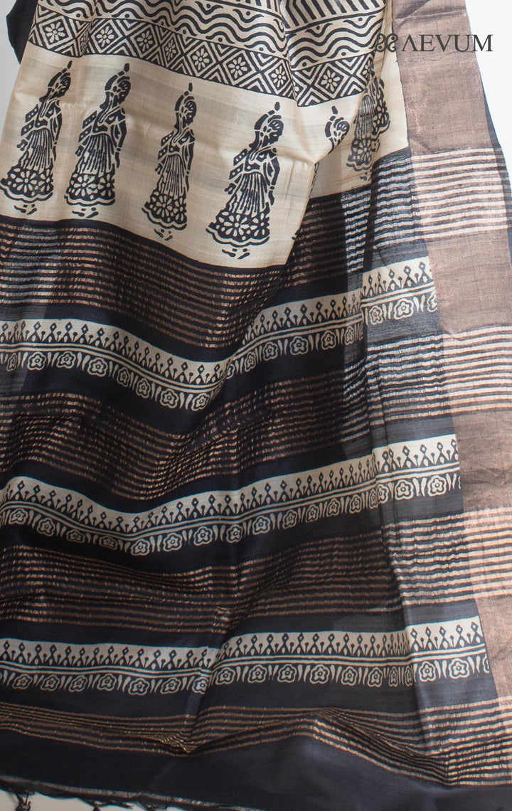 Zari Tussar Silk Saree Hand Block Printed with Silk Mark - 0874 Saree Rinku Silk Cotton House   