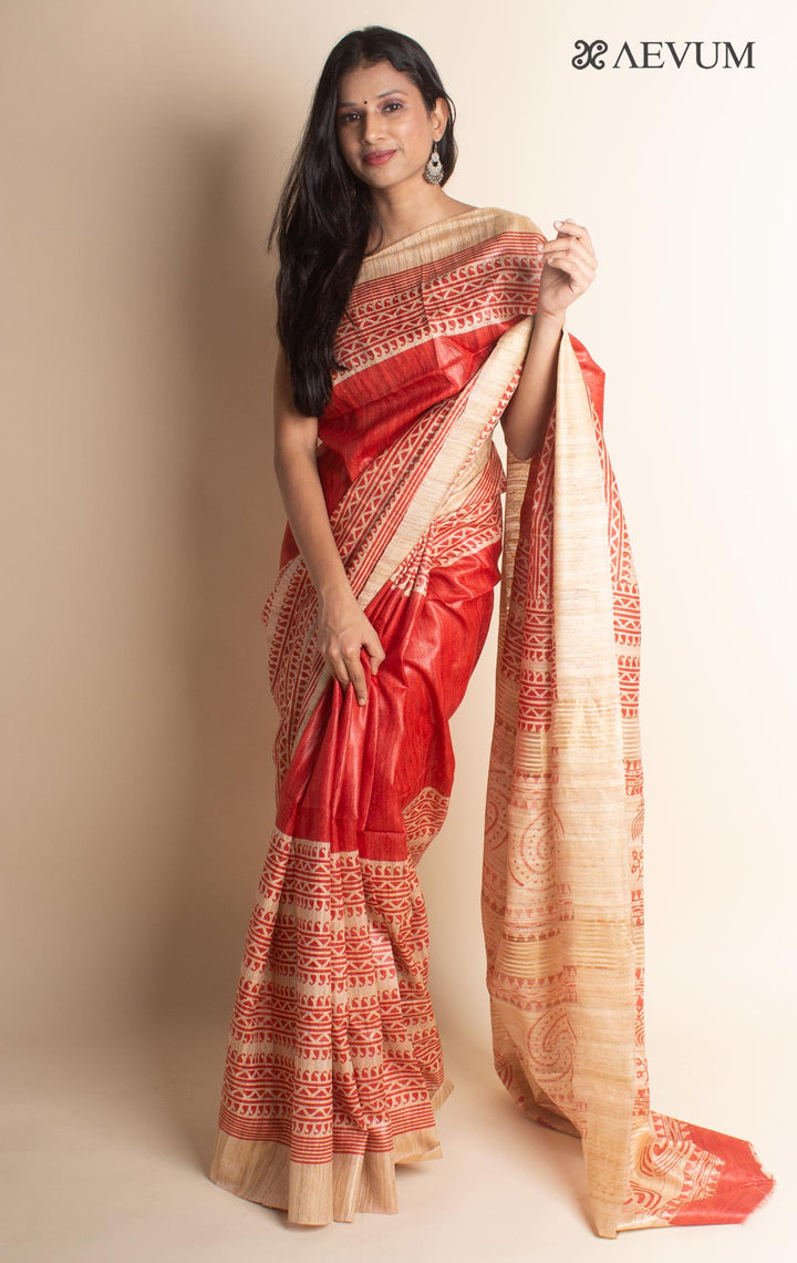 Zari Tussar Silk Saree Hand Block Printed with Silk Mark - 2969 - AEVUM