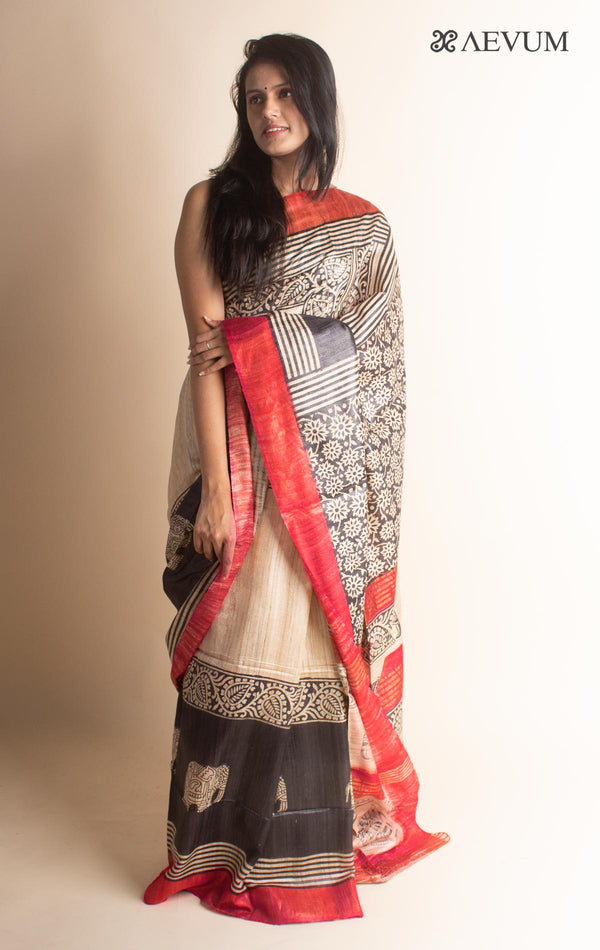 Zari Tussar Silk Saree Hand Block Printed with Silk Mark - 2960 - AEVUM